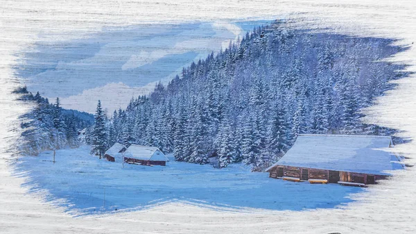 Kış Dağlarında Eski Ahşap Kulübeler Suluboya Resimler — Stok fotoğraf