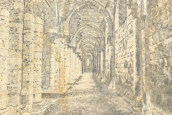 Abbaye San Galgano Croquis Sur Vieux Papier — Photo