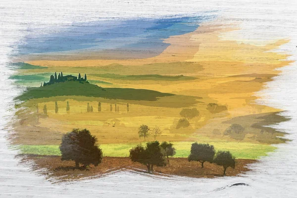 Salida Del Sol Campos Oro Toscana Italia Pintura Acuarela — Foto de Stock