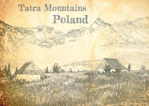 ポーランドのタトラ山 古い紙のスケッチ — ストック写真