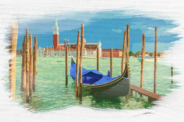 Akvarel Gondoly Blízkosti Kostela San Giorgio Maggiore Benátky — Stock fotografie