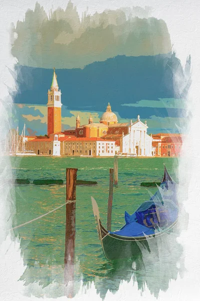 Gondeln Und Kirche San Giorgio Maggiore Venedig Aquarellmalerei — Stockfoto