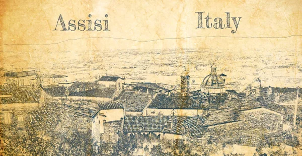 Παλιά Ασίζη Στην Ούμπρια Της Ιταλίας Σκίτσο Παλιό Χαρτί — Φωτογραφία Αρχείου