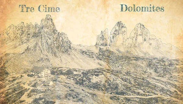 Dolomites Talya Tre Cime Lavaredo Kağıda Çizim — Stok fotoğraf