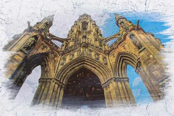 Pittura Acquerello Scott Monument Edimburgo Scozia — Foto Stock