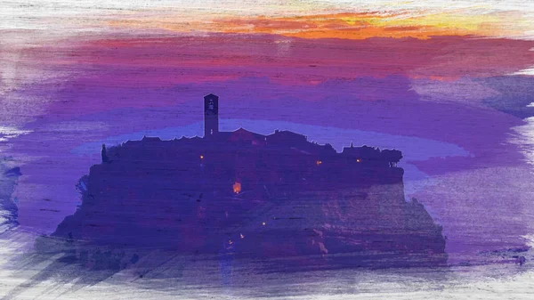 Υδατογραφία Της Πόλης Bagnoregio Στην Τοσκάνη Την Αυγή — Φωτογραφία Αρχείου