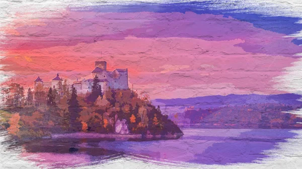Zamek Niedzica Nad Jeziorem Zachodzie Słońca Malarstwo Akwarelowe — Zdjęcie stockowe