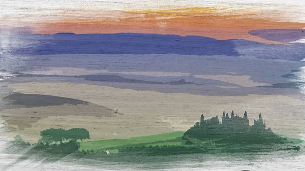 Acuarela Del Amanecer Sobre Campos Niebla Toscana Italia — Foto de Stock