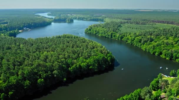 Маленькая белая лодка на реке среди лесов, Польша — стоковое видео