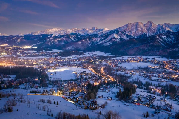 Città Illuminata Zakopane Inverno Notte Vista Dall Alto Polonia — Foto Stock