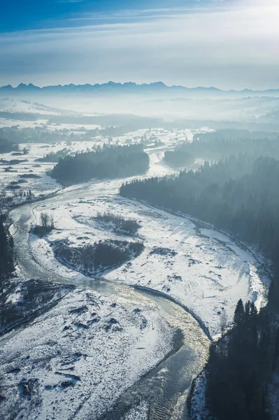 Donmuş Bialka Nehri Kışın Gün Batımında Hava Manzaralı Polonya — Stok fotoğraf