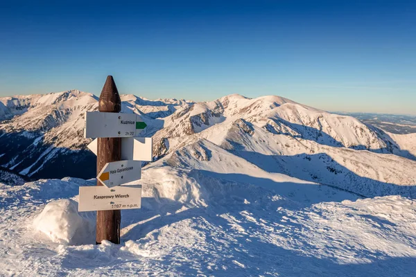 Schneebedeckter Wegweiser Auf Dem Gipfel Des Kasprowy Wierch Polen — Stockfoto