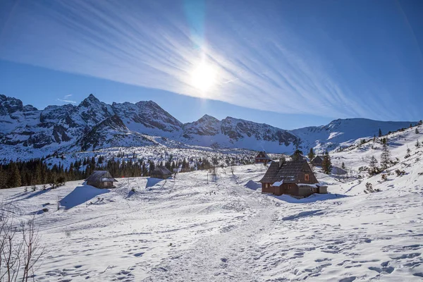 Wooden Cottage Gasienicowa Valley Sunny Day Winter Poland — Stock Photo, Image