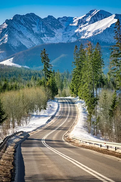 Wonderful Asphalt Road Leading Mountain Sunny Winter Day Poland — Stock Photo, Image