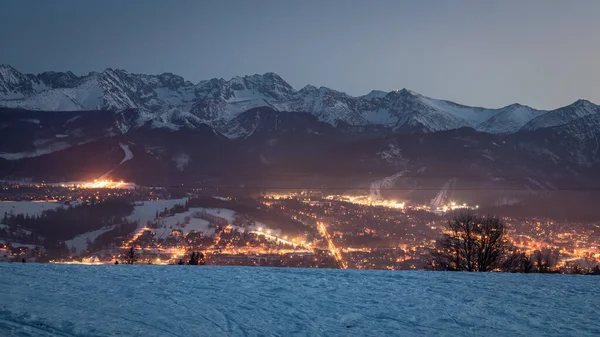 Dusk Lighted Zakopane Winter Αεροφωτογραφία Πολωνία — Φωτογραφία Αρχείου