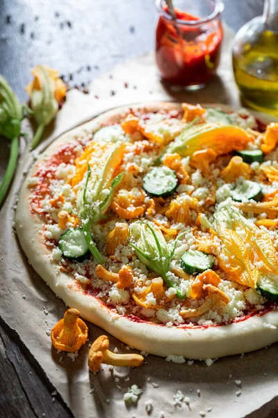 Preparations Homemade Pizza Made Zucchini Flower Mushrooms Baking Paper — Stock Photo, Image
