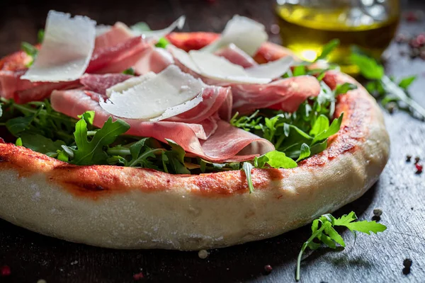 Fresh Pizza Parma Prosciutto Arugula Parmesan Wooden Table — Stock Photo, Image
