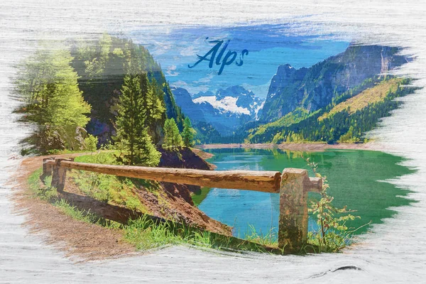 Sunrise Mountain Lake Gosau Alps Europe Watercolor Painting — Stock Photo, Image