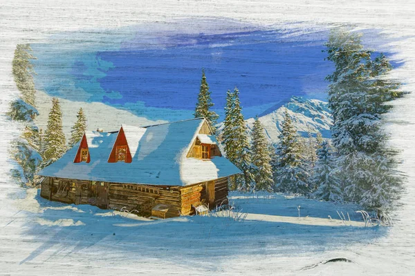 Aquarela Pintura Casa Campo Tatras Montanhas Inverno Polônia — Fotografia de Stock