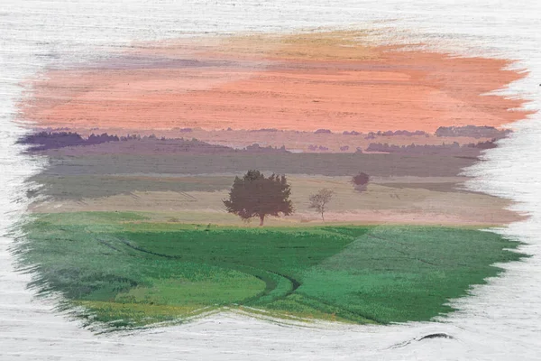 Wonderful Dawn Foggy Field Summer Europe Watercolor Painting — Stock Photo, Image