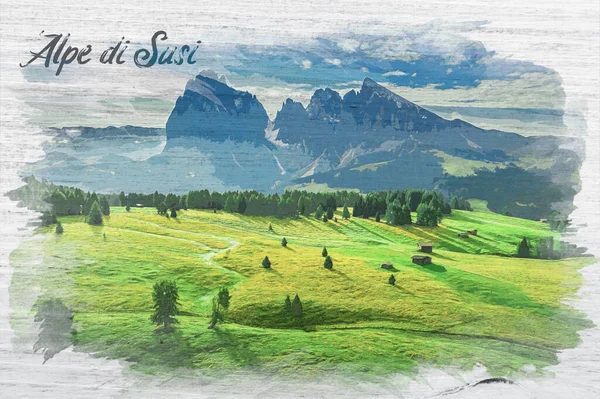 Sonbaharda Gün Doğumunda Alpe Siusi Dolomitler Talya Suluboya Resim — Stok fotoğraf