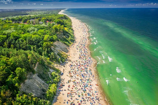 Playa Abarrotada Verano Mar Báltico Vista Aérea Polonia — Foto de Stock