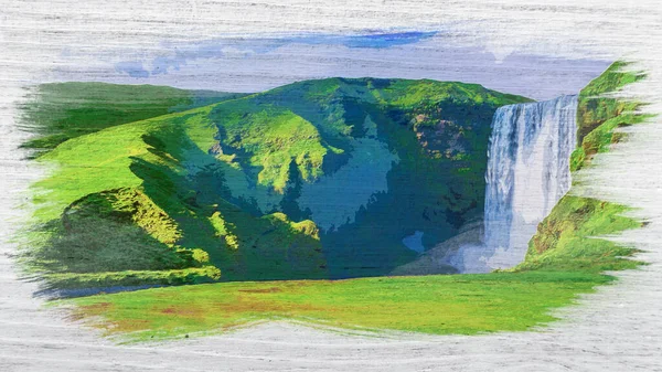 Spectacular Skogafoss Waterfall Iceland Europe Watercolor Painting — Stock Photo, Image