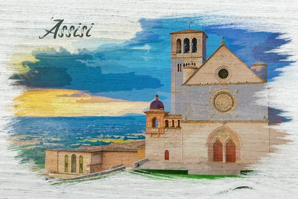 Basilica Saint Francis Assisi Italy Europe Watercolor Painting — Stock Photo, Image