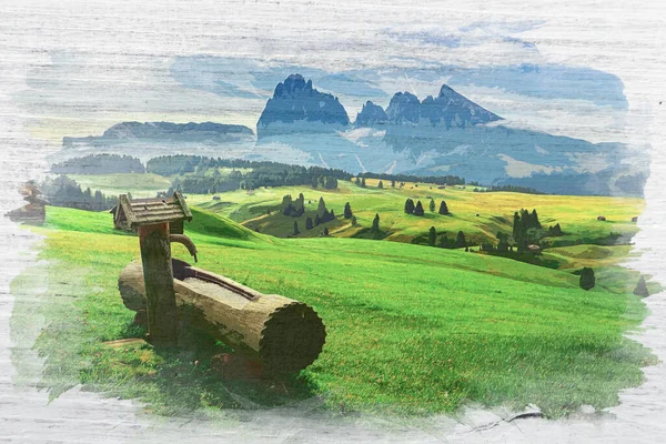 Pittura Acquerello Dell Alpe Siusi Nelle Dolomiti — Foto Stock