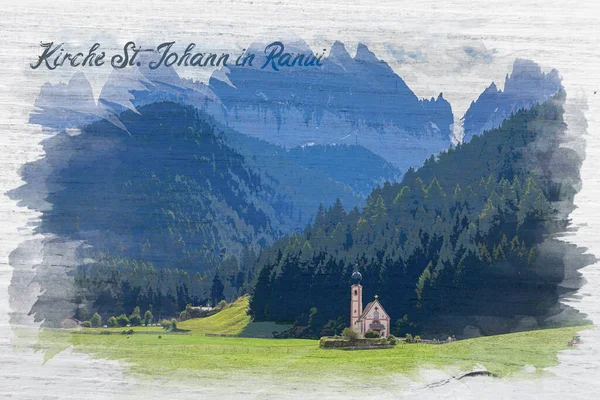 Watercolor Painting Church Johann Ranui Italy Dolomites — Stock Photo, Image