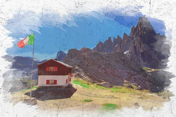 Monto Paterno Dreizinnen Cabana Dolomites Itália Pintura Aquarela — Fotografia de Stock