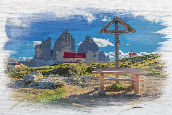 Маленький Христианский Крест Tre Cime Dreizinnen Hut Италия Акварель — стоковое фото