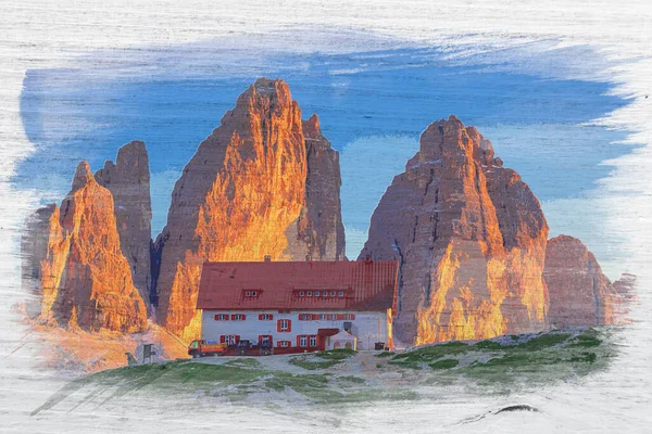 Tre CimeのDreizinnen小屋 Dolomites イタリア 水彩画 — ストック写真
