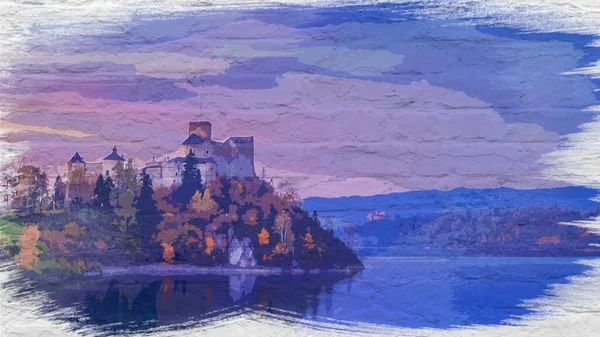 Εκπληκτική Κάστρο Niedzica Από Λίμνη Πολωνία Ακουαρέλα Ζωγραφική — Φωτογραφία Αρχείου