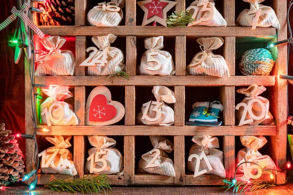 Unique Advent Calendar Christmas Old Wooden Boxon Dark Background — Stock Photo, Image