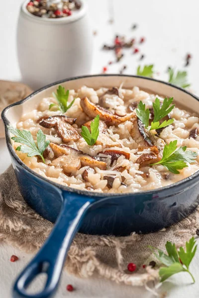 Yaban Mantarından Yapılmış Rustik Risotto Ahşap Masadaki Otlar — Stok fotoğraf