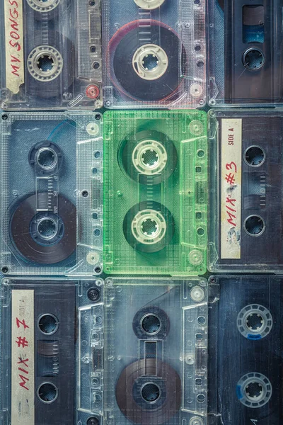 Antique Cassette Tapes Arranged Grid Blue Sofa — Stock Photo, Image
