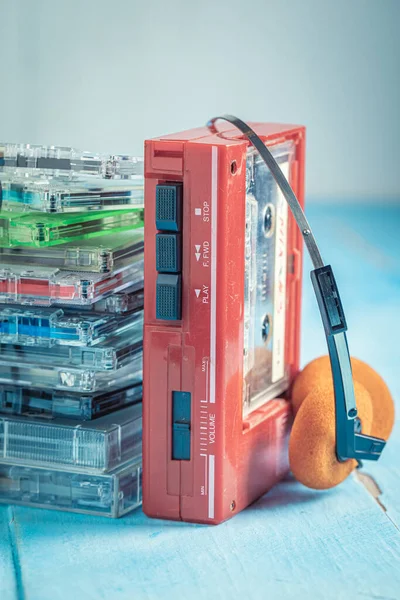 Antique Audio Cassette Headphones Player Blue Table — Stock Photo, Image