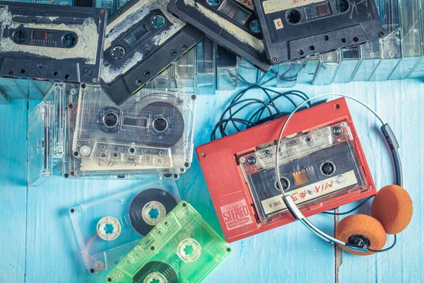 Classic Cassette Tape Player Headphones Blue Table — Stock Photo, Image