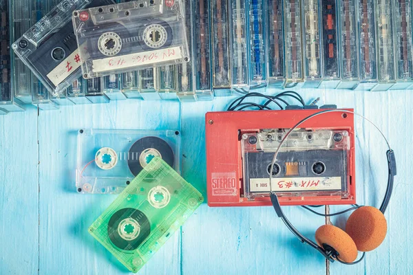 Retro Cassette Tape Headphones Player Blue Table — Stock Photo, Image
