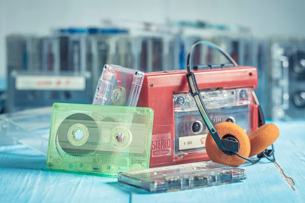 Retro Cassette Tape Player Headphones Blue Table — Stock Photo, Image