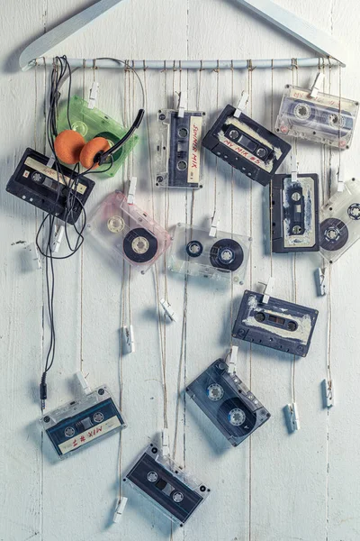 Several Antique Cassette Tape Orange Headphones White Background — Stock Photo, Image