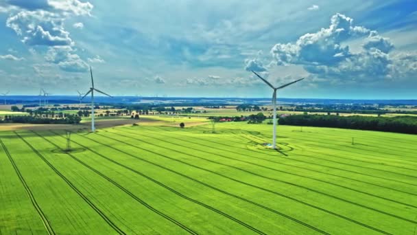 Vista de drones de turbinas eólicas no campo verde no verão — Vídeo de Stock