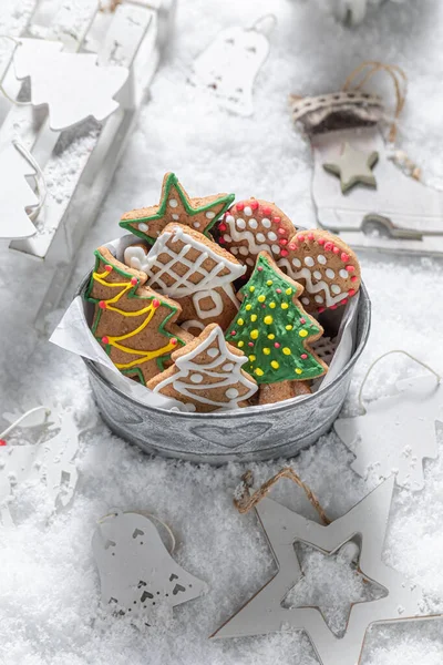 Homemade Cookies Christmas Small Snack Snowy Table — Stock Photo, Image