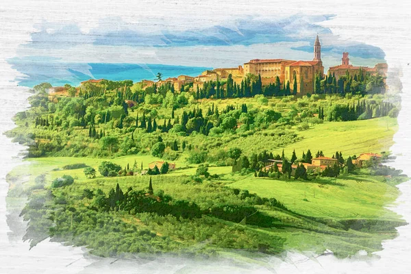 Pienza Tucany Sobre Papel Velho Itália Pintura Aquarela — Fotografia de Stock