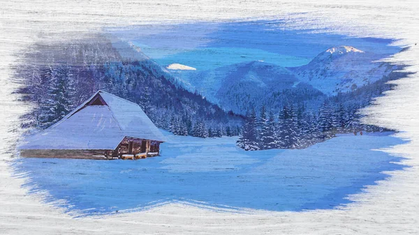 Domek Górski Zimowej Dolinie Zachodzie Słońca Malarstwo Akwarelowe — Zdjęcie stockowe