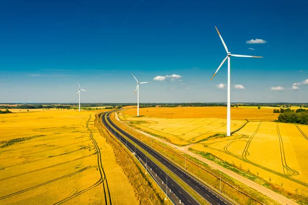 Golden Field Highway Wind Turbines Aerial View Poland — Stock Photo, Image