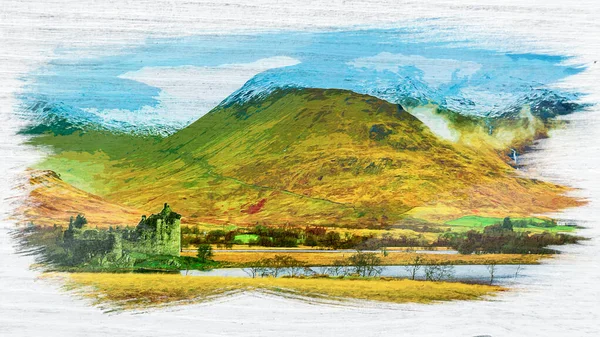Pintura Acuarela Del Castillo Kilchurn Sobre Lago Escocia Europa — Foto de Stock