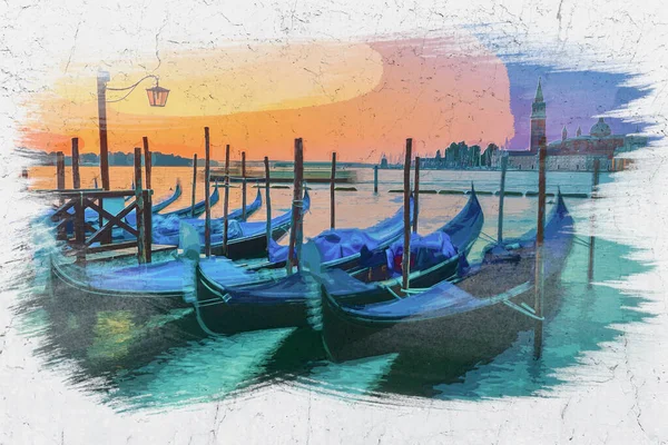 Pittura Acquerello Gondole Oscillanti Venezia All Alba — Foto Stock