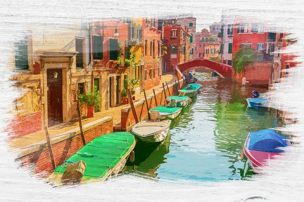 Båtar Kanalen Venedig Italien Akvarellmålning — Stockfoto
